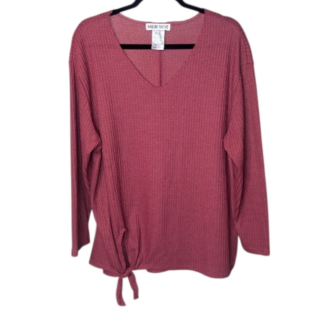 Meri Skye - Women's Pink Waffle Knit Tie Front Top - Size 1X